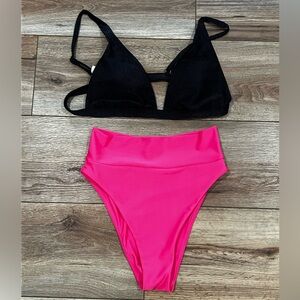 Aerie Hot Pink And Black Triangle Bikini - Top Size Medium / Bottoms Size XS